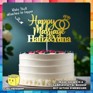 Digital Mockup of a Personalize Happy Marriage with Couple Name Cake Topper placed on cake