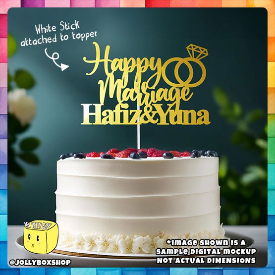 Digital Mockup of a Personalize Happy Marriage with Couple Name Cake Topper placed on cake