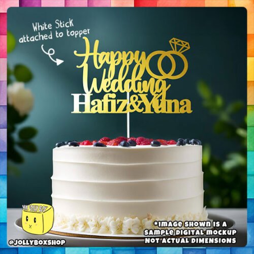Digital Mockup of a Personalize Happy Wedding with Couple Name Cake Topper placed on cake
