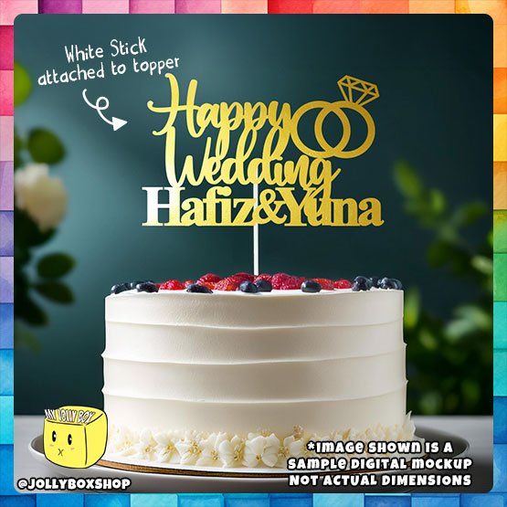 Digital Mockup of a Personalize Happy Wedding with Couple Name Cake Topper placed on cake