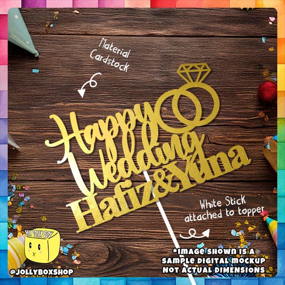 Digital Mockup of a Personalize Happy Wedding with Couple Name Cake Topper placed on table