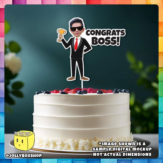 Digital mockup of a man holding an award cake topper placed on a cake