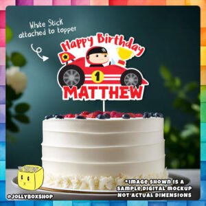 Digital Mockup of a Cute Racer in Racing Car Cake Topper Placed on Cake
