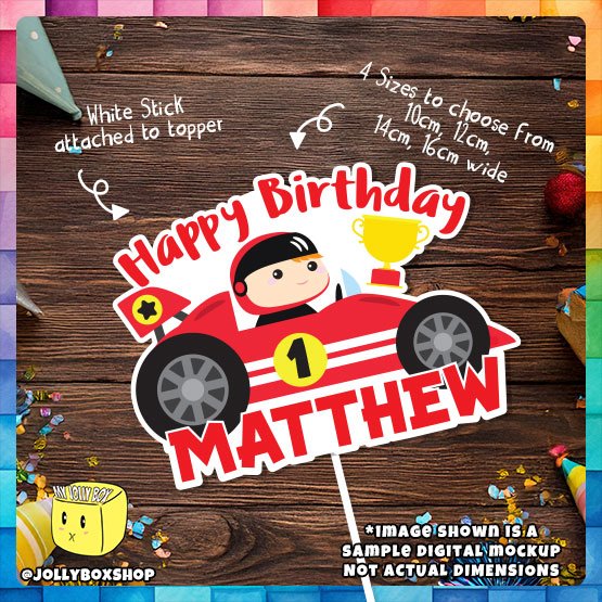 Digital Mockup of a Cute Racer in Racing Car Cake Topper Placed on Table
