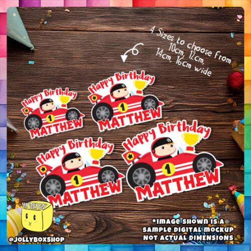 Digital Mockup of Cute Racer in Racing Car Cake Topper Placed on Table in 4 different widths