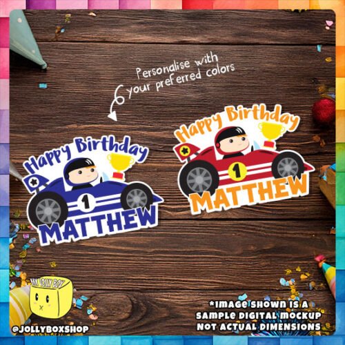 Digital Mockup of Cute Racer in Racing Car Cake Toppers Placed on Table in different colors