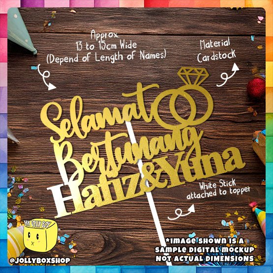Digital Mockup of a Personalize Selamat Bertunang with Couple Name Cake Topper placed on table