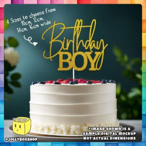 Digital mockup of a fixed design with text Birthday Boy cake topper placed on a cake