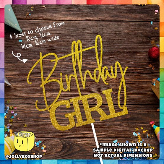 Digital mockup of a fixed design with text Birthday Girl cake topper placed on a table
