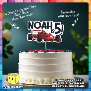 Digital mockup of a Personalize Race Car Theme Cake Topper Placed on Cake