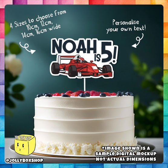 Digital mockup of a Personalize Race Car Theme Cake Topper Placed on Cake