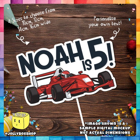 Digital mockup of a Personalize Race Car Theme Cake Topper Placed on Table