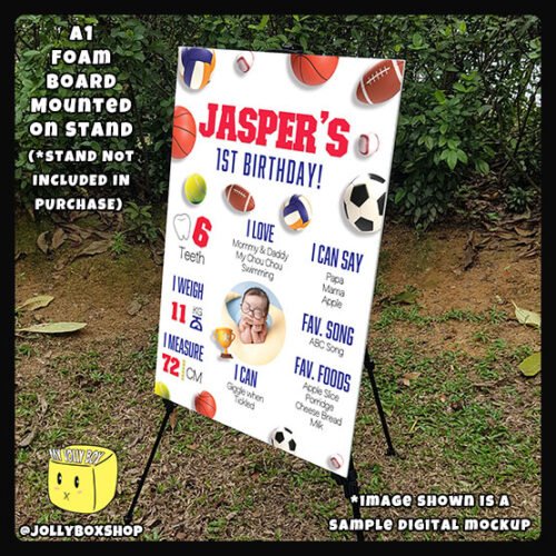 Digital mockup of a A1 size Sports Balls theme milestone board placed on a stand