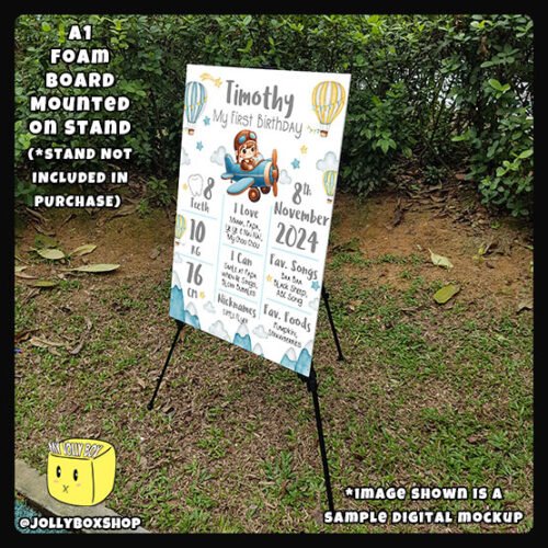 Digital mockup of a A1 size Cute Pilot theme milestone board placed on a stand