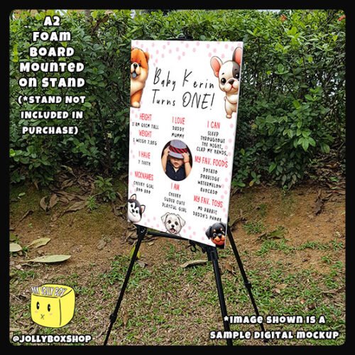 Digital mockup of a A2 size Cute Peeking Dogs theme milestone board placed on a stand