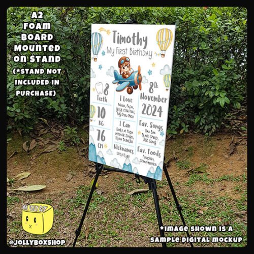 Digital mockup of a A2 size Cute Pilot theme milestone board placed on a stand