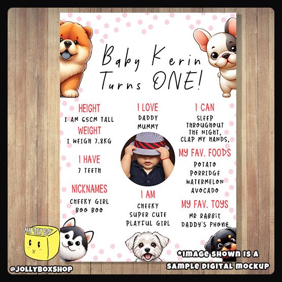 Digital mockup of a Cute Peeking Dogs theme milestone board