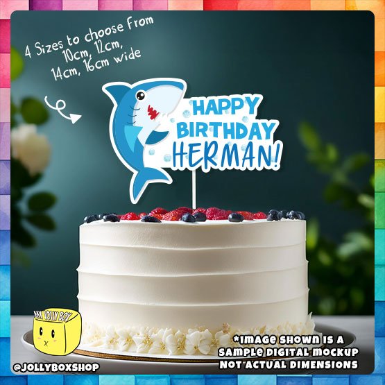 Digital mockup of a Personalize Blue Shark Theme Cake Topper Placed on Cake