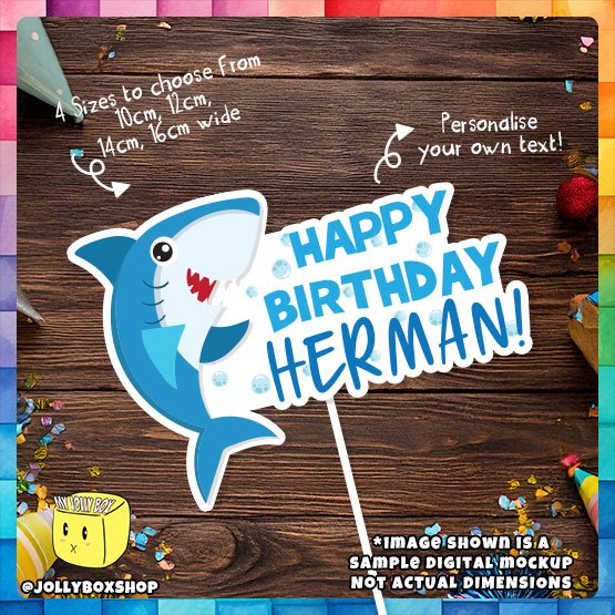 Digital mockup of a Personalize Blue Shark Theme Cake Topper Placed on Table