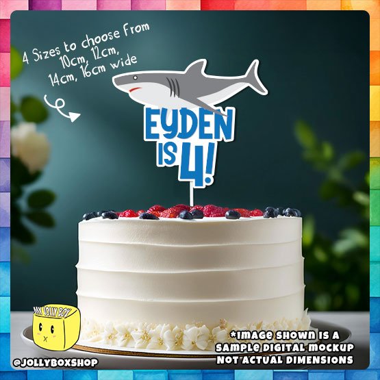 Digital mockup of a Personalize Great White Shark Theme Cake Topper Placed on Cake