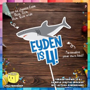 Digital mockup of a Personalize Great White Shark Theme Cake Topper Placed on Table
