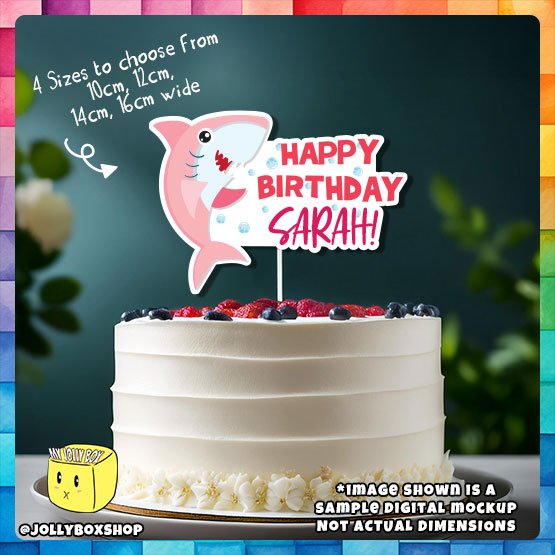 Digital mockup of a Personalize Pink Shark Theme Cake Topper Placed on Cake