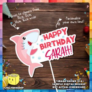 Digital mockup of a Personalize Pink Shark Theme Cake Topper Placed on Table