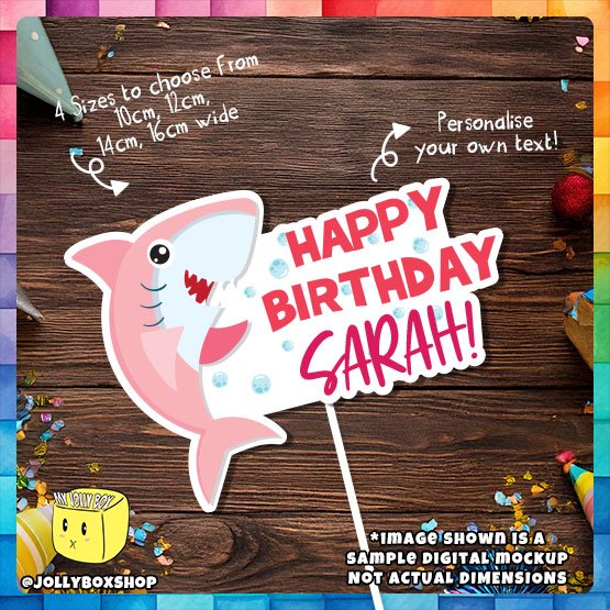 Digital mockup of a Personalize Pink Shark Theme Cake Topper Placed on Table