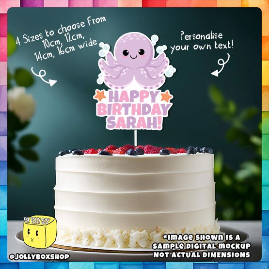 Digital mockup of a Personalize Cute Octopus Theme Cake Topper Placed on Cake
