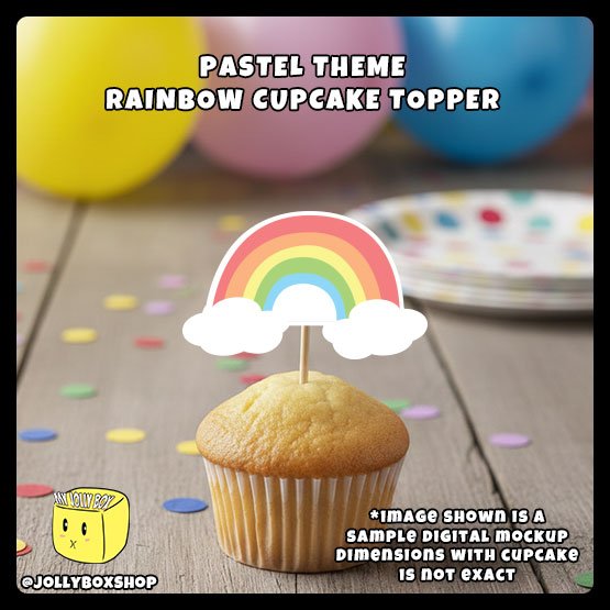 Digital mockup of pastel theme rainbow cupcake topper placed on cupcake