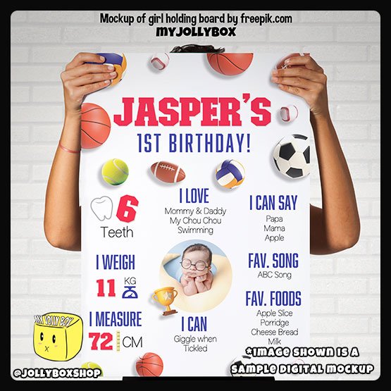 Digital mockup of a person holding a A2 size Sports Balls theme milestone board