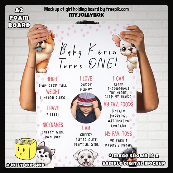 Digital mockup of a person holding a A2 size Cute Peeking Dogs theme milestone board