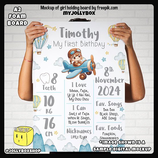 Digital mockup of a person holding a A2 size Cute Pilot theme milestone board