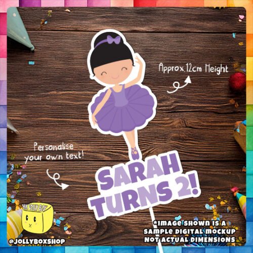 Digital Mockup of a Personalize Cute Ballerina Cake Topper. Ballerina D Purple