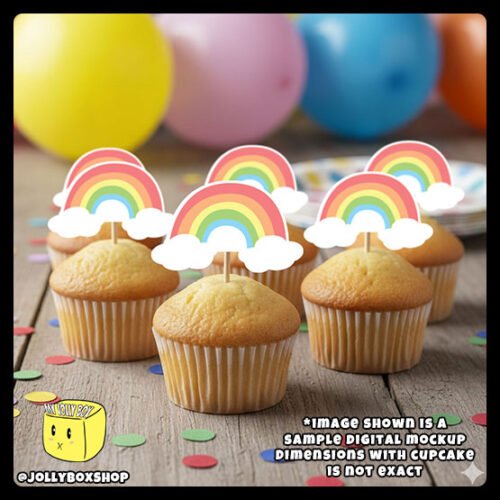 Digital mockup of pastel theme rainbow cupcake toppers placed on cupcakes