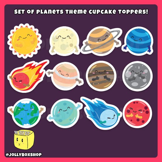 Digital mockup of a set of Planets Cupcake Toppers