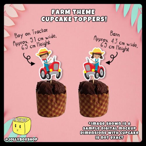 Digital mockup of a boy and girl on red tractor cupcake toppers