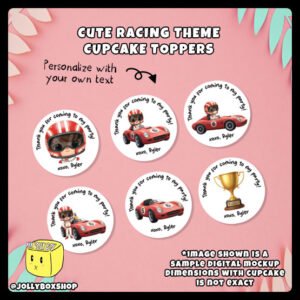 Digital mockup of a set of cute racing theme cupcake toppers