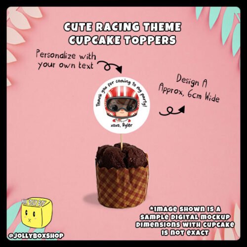Digital mockup of a cute racing theme cupcake topper design A