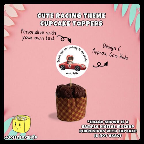 Digital mockup of a cute racing theme cupcake topper design C