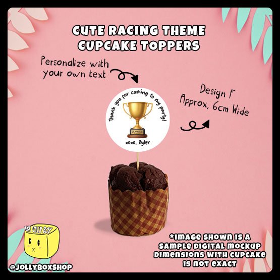 Digital mockup of a cute racing theme cupcake topper design F