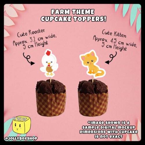 Digital mockup of a chicken and cat cupcake toppers