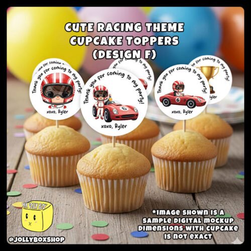 Digital-Mockup-of-6-different-designs-of-Cute-Racing-Theme-Cupcake-Toppers-Placed-on-Cupcakes Digital Mockup of 6 different designs of Racing Theme Cupcake Toppers Placed on Cupcakes