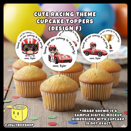 Digital Mockup of 6 different designs of Racing Theme Cupcake Toppers Placed on Cupcakes