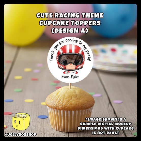 Digital Mockup of Racing Theme Cupcake Topper Design A Placed on Cupcake