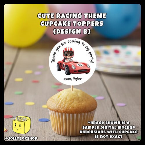 Digital-Mockup-of-Cute-Racing-Theme-Cupcake-Toppers-Design-B-Placed-on-a-Cupcake Digital Mockup of Racing Theme Cupcake Topper Design B Placed on Cupcake