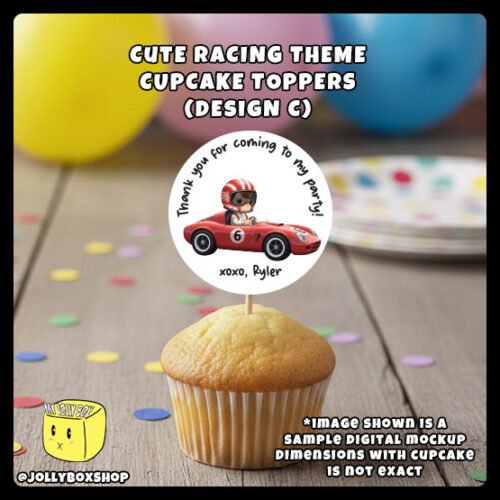 Digital-Mockup-of-Cute-Racing-Theme-Cupcake-Toppers-Design-C-Placed-on-a-Cupcake Digital Mockup of Racing Theme Cupcake Topper Design C Placed on Cupcake