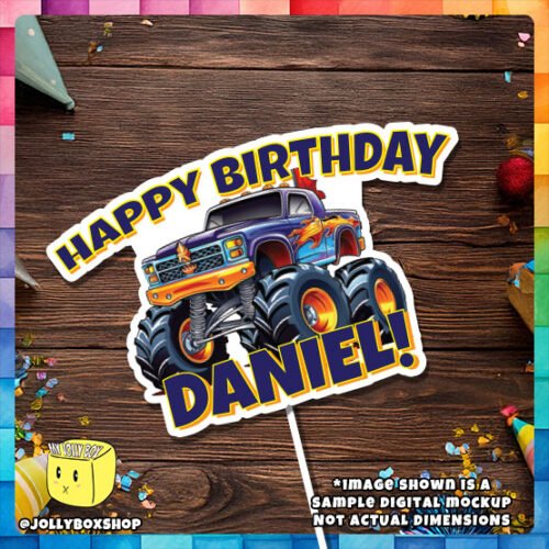 Digital mockup of a Personalize Cool Monster Truck Theme Cake Topper Placed on Table