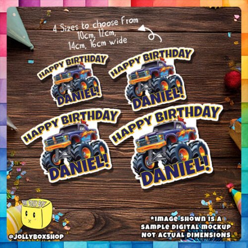 Digital mockup of a Personalize Cool Monster Truck Theme Cake Topper in 4 different sizes for different size cakes