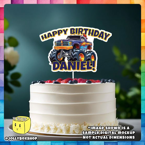 Digital mockup of a Personalize Cool Monster Truck Theme Cake Topper Placed on Cake